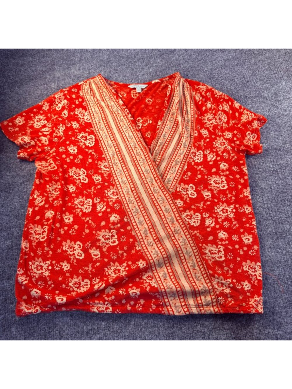 Lucky Brand Red Orange Floral Faux Wrap Surplice Top Large